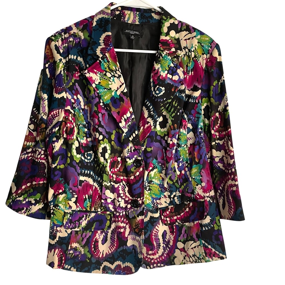 Vtg Notations Womens Abstract Blazer Size 2X Colorful‎ Floral Paisley Maximalist